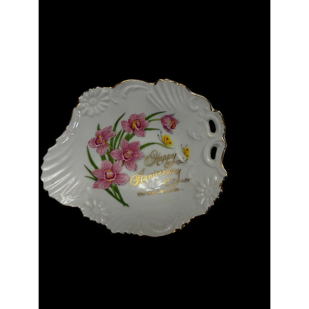 Vintage Plato Decorativo Feliz Aniversario – Flores Rosadas & Bordes Dorados – V